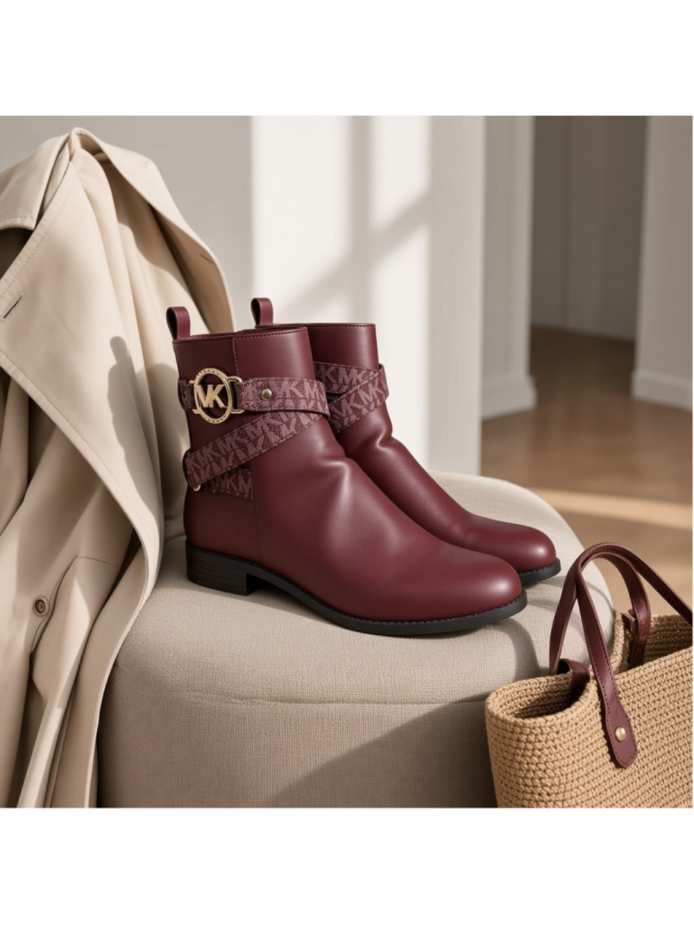 Women's Michael Kors Burgundy Ankle Boots with Gold Logo Detail Size 6.5